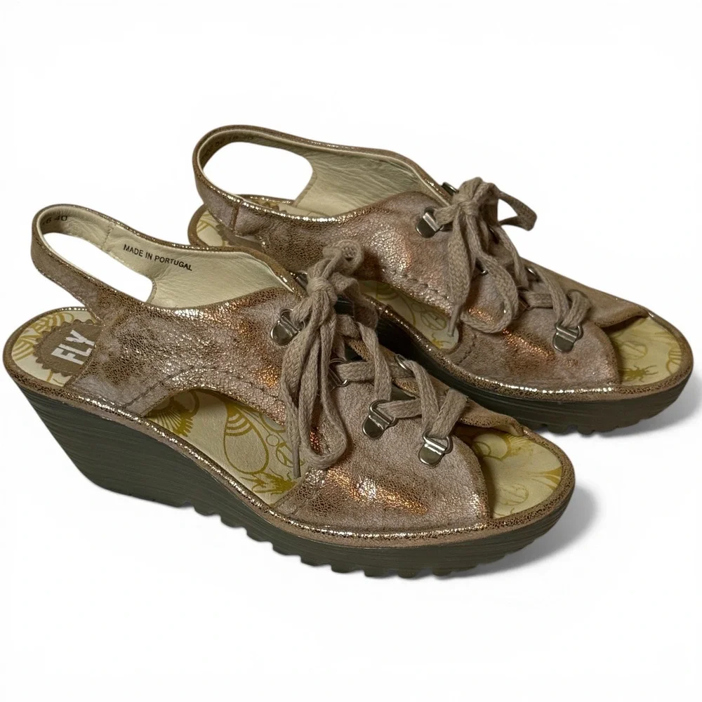FLY LONDON Ylva Metallic Distressed Leather‎ Wedge Sandals Lace Up EU 40 Size 9